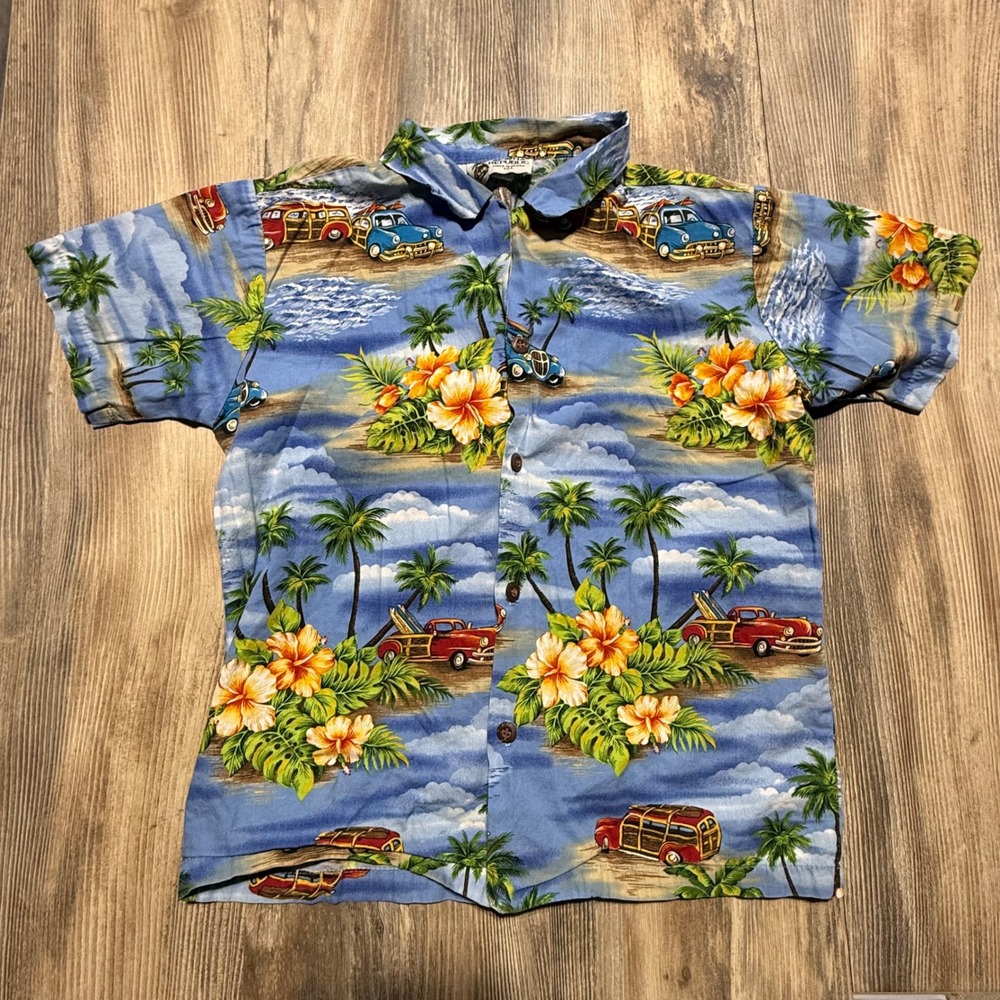 Vintage Aloha Republic Hawaiian Shirt Blue Tropical Woody Car Surfchic